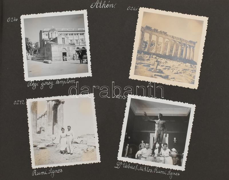 1933 Tengeri utazás fotói albumban (Rumi Ágnes, Dr. Urbach Miklós, Moskovitz, stb. nevekkel), feliratozva, 7×7 cm-es méretben