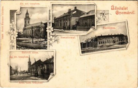 Gyoma (Gyomaendrőd), Postahivatal, református, római katolikus és ágostai evangélikus templom, Endrődi utca, városház, tél. Svéd Ferenc kiadása, Art Nouveau, floral (fl)