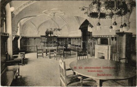 Budapest XXII. Budafok, M. kir. pincemesteri tanfolyam, Kóstoló terem, belső. Hollenzer és Okos budai műterméből (fa)