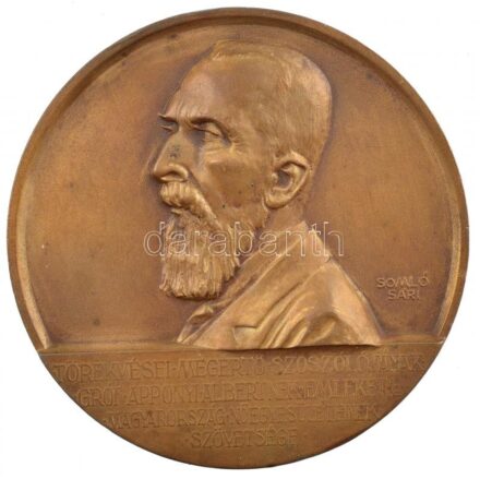 Somló Sári (1886-1970) DN 'Törekvései megértő szószólójának gróf Apponyi Albertnek emlékére - Magyarország Nőegyesületeinek Szövetsége' egyoldalas Br plakett (65mm) T:2 patina, ph, karc