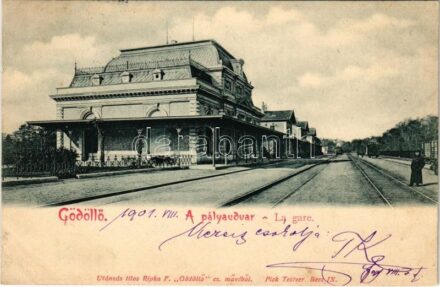 1901 Gödöllő, pályaudvar, vasútállomás. Ripka F. 'Gödöllő' című művéből. Pick Testvérek