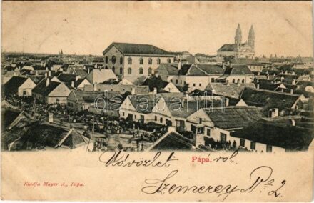 1900 Pápa, Piactér, zsinagóga. Mayer A. kiadása (vágott / cut)