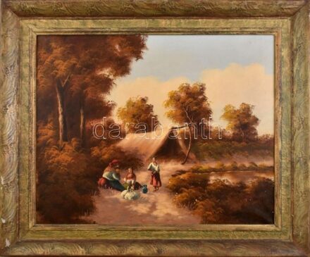 Jelzés nélkül: Táborozók. Olaj, vászon. Dekoratív, sérült fakeretben. 50x60 cm