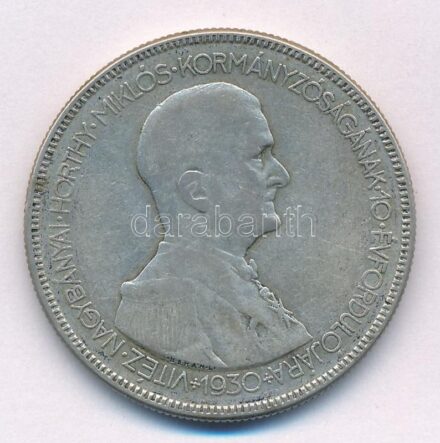 1930. 5P Ag 'Horthy jobbra' T:3 patina Adamo P8