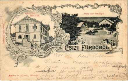 1901 Csízfürdő, Kúpele Cíz; Meskó-féle Mária lak, villa, Arany Sas vendéglő. Márkus D. kiadása. Fogel Mór, Miskolcz / villa, restaurant, inn. Art Nouveau, floral (fl)