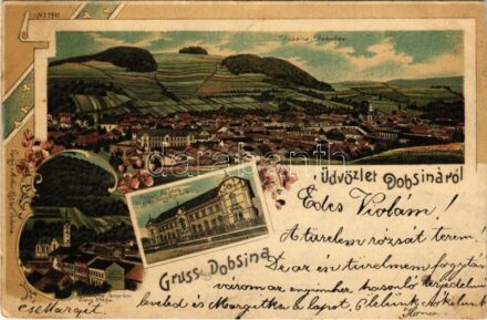 Dobsina, Dobschau; látkép, Evangélikus templom, Polgári fiúiskola / general view, Lutheran church, boys' school. Verlag v. Arthur Köhler No. 1961. Art Nouveau, floral, litho (vágott / cut)
