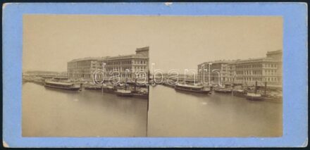 cca 1864 Budapest, Duna és az Akadémia oldala a Lánchídról, jelzés nélküli Barthálámy Tugard (1825-?) belga fényképész sztereofotója