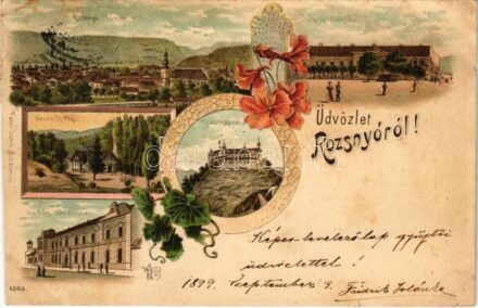 1899 (Vorläufer) Rozsnyó, Roznava; Vasas fürdő, Evangélikus polgári leányiskola, püspöki székház, Krasznahorka vára. Falvi Jenő kiadása / spa, girl school, bishop's palace, castle Krásnohorské Podhradie. Art Nouveau, floral, litho
