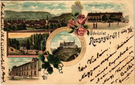 1900 Rozsnyó, Roznava; Vasas fürdő, Evangélikus polgári leányiskola, püspöki székház, Krasznahorka vára. Falvi Jenő kiadása / spa, girl school, bishop's palace, castle Krásnohorské Podhradie. Art Nouveau, floral, litho (fl)