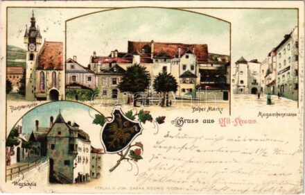 1902 Krems an der Donau, Gruss aus Alt-Krems. Piaristenkirche, Hoher Markt, Margarethenstrasse, Wegscheid. Verlag v. Joh. Saska Art Nouveau, floral, litho (EK)