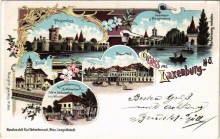 1899 (Vorläufer) Laxenburg, Franzensburg, Überfahrt, Kirche, Blauer Hof, Russin's Restauration, 'Radfahrerheim' u. Café im Schlosspark beim Wasserfall. Kunstanstalt Karl Schwidernoch Art Nouveau, floral, litho (small tear)