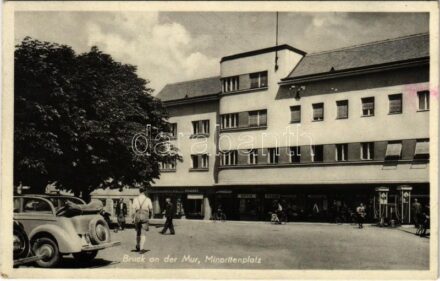 1940 Bruck an der Mur (Steiermark), Minoritenplatz / square, automobile, gas station, shops + 'Oberkommando der Wehrmacht Geprüft'