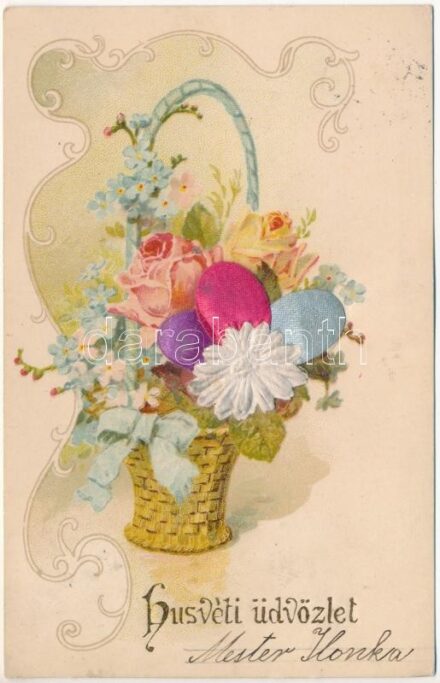 1900 Húsvéti üdvözlet / Easter greeting art postcard with silk eggs and flowers. Art Nouveau, floral, litho (EK)