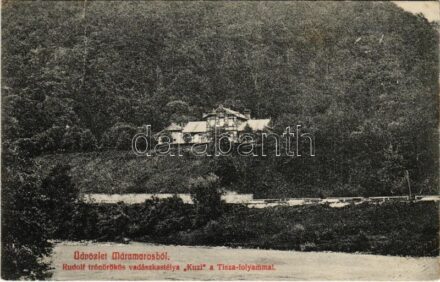1915 Erdészvölgy, Kuzij (Lonka, Luh; Tisza-völgy, Máramaros); Rudolf trónörökös vadászkastélya a Tisza folyammal. Kaufmann Ábrahám kiadása / royal hunting castle in the valley, hunting lodge, Tisza river (ragasztónyom / gluemarks)