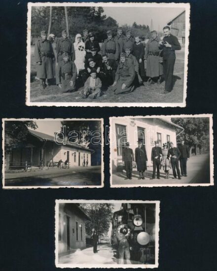 1941 Alsózsuk (Észak-Erdély) a visszacsatolás idején, vasútállomás, személyzet (a falon Horthy Miklós képe), gőzmozdony, 4 db fotó, hátoldalukon feliratozva, ragasztásnyomokkal, 9x6 cm és 13,5x8,5 cm