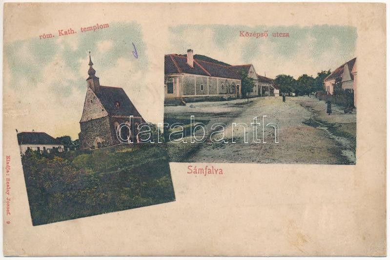 Sámfalva, Hannersdorf; Római katolikus templom, Középső utca. Szalay József kiadása / Kirche, Strasse / church, street (r)