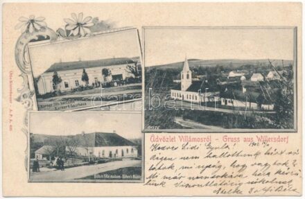 1902 Villámos, Willersdorf; Böhm-féle malom, Karner féle korcsma, kocsma. Otto Kiernbauer / Gasthaus, Mühle / restaurant, hotel, mill. Art Nouveau, floral (EK)