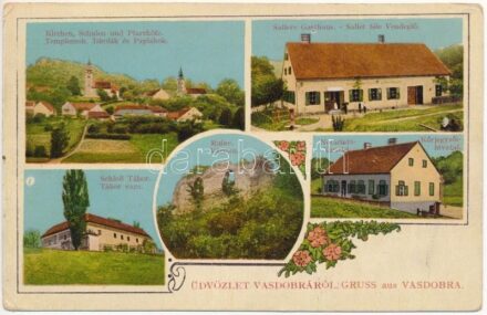 1912 Vasdobra, Neuhaus am Klausenbach; Templomok, iskolák, paplakok, Tábor vára, Körjegyzői hivatal, Saller féle vendéglő, várrom / Kirchen, Schulen, Pfarrhöfe, Schloss, Notariatskanzlei, Gasthaus / churches, schools, rectories,