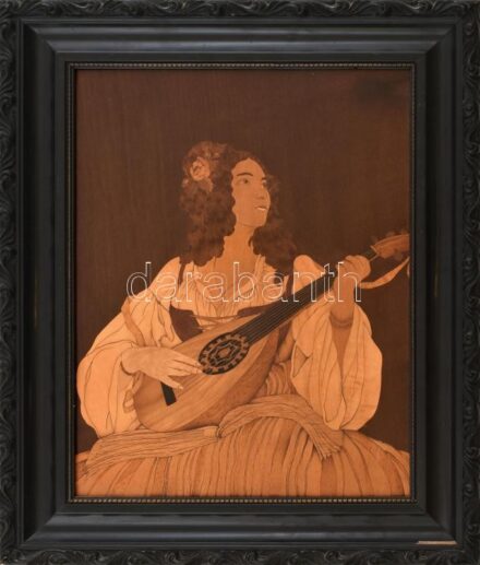Jelzés nélkül: Lanton játszó hölgy. Fa intarzia. Plexiüvegezett, kissé sérült fakeretben. 37x27 cm
