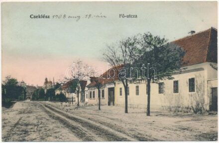 1908 Cseklész, Ceklís, Bernolákovo; Fő utca, Népiskola, Kávéház / main street, school, cafe
