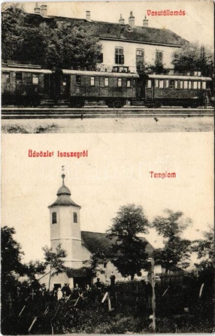 1907 Isaszeg, vasútállomás, vonat, templom. Haas Géza kiadása + 'KIRÁLYHÁZA - MISKOLCZ - BUDAPEST 350 C' vasúti mzogóposta bélyegző (EK)