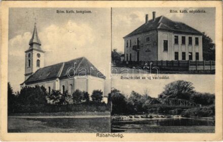 1936 Rábahídvég, Római katolikus templom és népiskola, Rába részlet az új vashíddal. Hangya szövetkezet kiadása (EK)