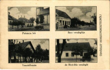 Hosszúpereszteg, Plébánia lak, Beer vendéglője, vasútállomás, de Rívó-féle vendéglő. Szilágyi Arthur műterméből (Rb)