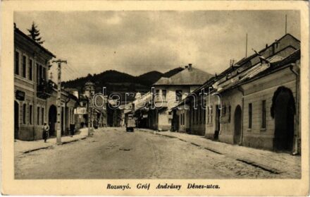 Rozsnyó, Roznava; Gróf Andrássy Dénes utca, üzletek. Knoll Samu kiadása / street view, shops (EK)
