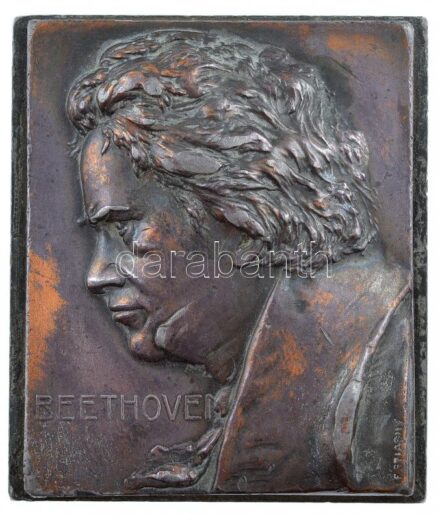 Ausztria ~1910. 'Beethoven' egyoldalas Br plakett. Szign.: Franz Stiasny (66x56mm) T:2,2- patina, karc, ph Austria ~1910. 'Beethoven' two-sided Br plaque. Sign.: Franz Stiasny (66x56mm) C:XF,VF patina, scratch, edge error