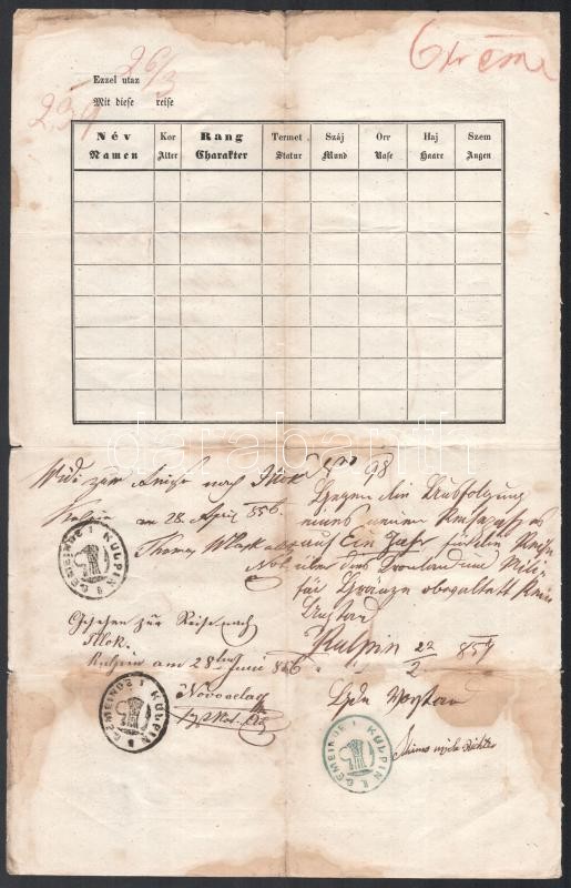 1850 Magyar-német nyelvű útlevél 6 kr C.M. okmánybélyeggel / passport - Image 2