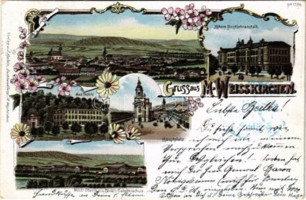 1898 (Vorläufer) Hranice na Morave, Mährisch Weisskirchen; Bad Teplitz, Milit.-Oberreal u. Cavall. Cadettenschule, Höhere Forstlehranstalt / general view, spa, K.u.K. military cadet school, forestry school. Verlag v. J. Kubin. Art Nouveau,