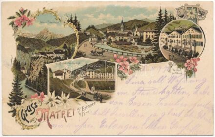 1898 (Vorläufer) Matrei am Brenner (Tirol), Schloss Trautson, Wallfahrt-Waldrast, Gasthof zur Krone / castle, pilgrimage site, inn, hotel. Art Nouveau, floral, litho (wet damage)