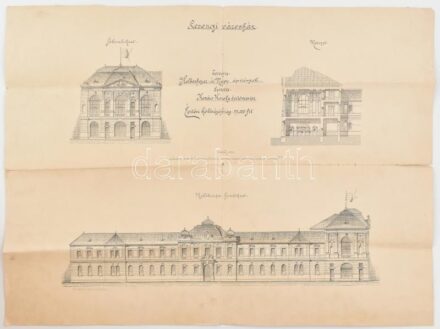 cca 1893-1894 Losonci városháza fő- mellékhomlokzata, tervrajz, nyomtatott, hajtott, szakadásokkal, 44×60 cm
