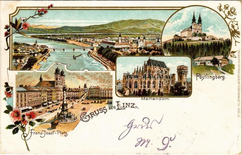 1898 (Vorläufer) Linz, Franz-Josef-Platz, Mariendom, Pöstlingberg. C. Jurischek Kunstverlag. Art Nouveau, floral, litho (EK)