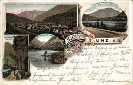 1896 (Vorläufer!) Lunz am See, Mittersee, Hohle Mauer, Lunzersee mit Scheiblingstein. Art Nouveau, floral, litho (fa)