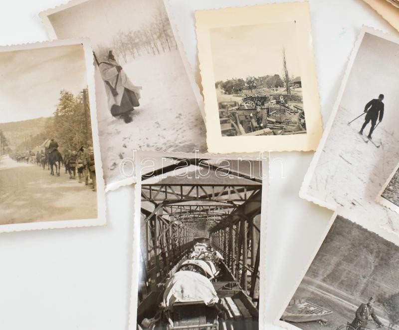 cca 1938-1945 Vegyes katonai fotó tétel, hadianyag szállítása, ágyúk, szétrobbantott viadukt, katonai életképek, stb., 6×4 és 9×6 cm közötti méretekben - Image 4