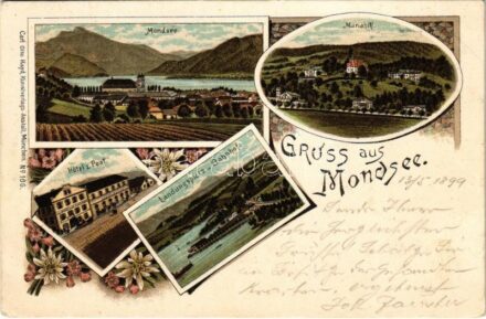 1899 (Vorläufer) Mondsee, Hotel z. Post, Landungsplatz u. Bahnhof, Mariahilf / hotel, railway station. Carl Otto Hayd Art Nouveau, floral, litho (EK)