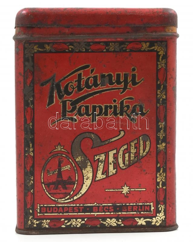 Kotányi paprika fém doboz, kopásnyomokkal, 16,5×12,5×9,5 cm