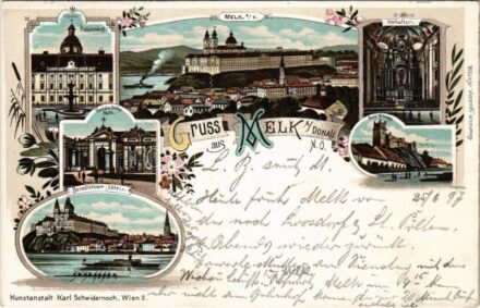 1897 (Vorläufer!) Melk, Prälatenhof, Hochaltar, Ruine Weitenegg, Benedictiner Abtei, Portal d. Stiftes Melk. Kunstanstalt Karl Schwidernoch Art Nouveau, floral, litho