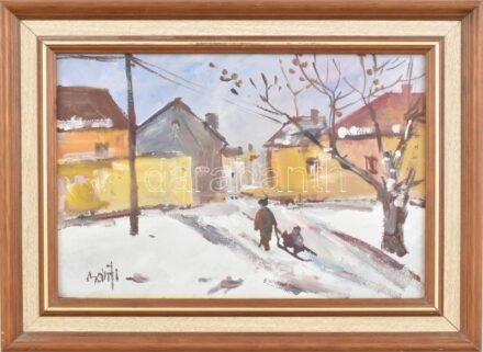 Bánfi jelzéssel: Külváros télen. Olaj, karton. Fa keretben, 32x22 cm