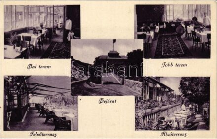 Budapest XII. Ördögorom csárda Gruber Emil Nagyvendéglője a Farkasvölgyben, bejárat, bal és jobb terem, alsó és felső terasz, belső. Ingyen autójárat az 59-es vill. és a 8-as autóbusz végállomásától, reklám