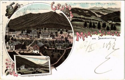 1897 (Vorläufer!) Maria Schutz bei Semmering, Mariaschutz; Panorama a. d. Schneeberg v. Maria Schutz gesehen, Maria Schutz mit Sonnwendstein, Wallfahrtskirche / pilgrimage church. Regel & Krug Art Nouveau, floral, litho