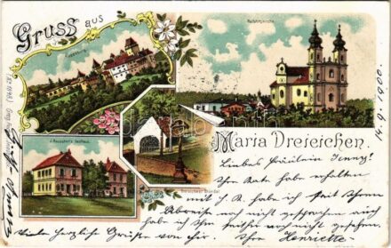 1900 Maria Dreieichen (Mold), Rosenburg, Wallfahrtskirche, J. Rauscher's Gasthaus, Dreieichner Bründel / pilgrimage site, inn. Georg. Fischer Art Nouveau, floral, litho (EK)