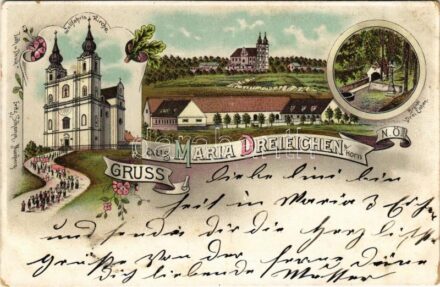 1898 (Vorläufer) Maria Dreieichen (Mold), Wallfahrtskirche, Bründl / pilgrimage church. Lith. u. Druck Fritz Schemm Art Nouveau, floral, litho (EK)