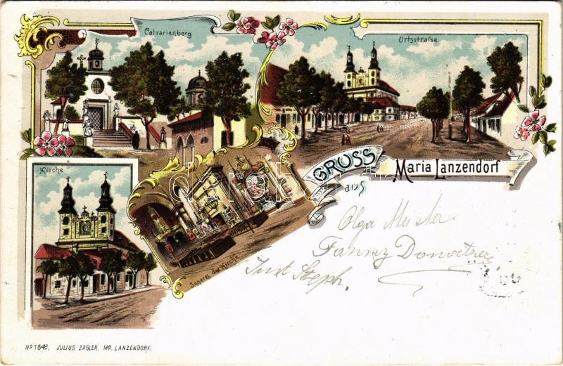 1900 Maria Lanzendorf, Kirche, Calvarienberg, Inneres der Kirche, Ortsstrasse / pilgrimage church, calvary hill, street view. Julius Zagler Art Nouveau, floral, litho (EK)