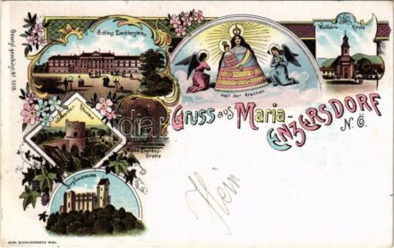 1903 Maria Enzersdorf, Heil der Kranken, Schloss Liechtenstein, Wallfahrtskirche, Schwarzer-Thurm, Burg Liechtenstein, Maria Lourdes-Grotte / pilgrimage church, castles, tower. Karl Schwidernoch Kunstanstalt Art Nouveau, floral, litho (small tear)