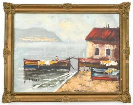 Jelzés nélkül: Halász hajóval. Olaj, farost 42x30 cm Sérült keretben
