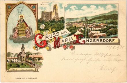 1903 Maria Enzersdorf, Heil der Kranken, Schloss Liechtenstein / pilgrimage church, castle. Ludwig Graf Art Nouveau, floral, litho