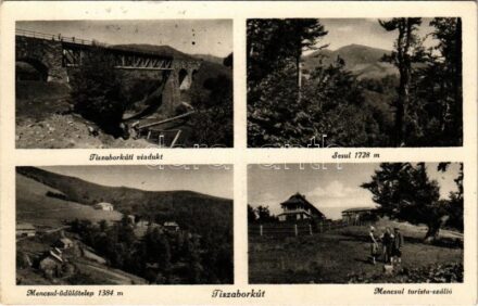 1940 Tiszaborkút, Kvaszi, Kvasy (Máramaros); viadukt, Sesul, Mencsul üdülőtelep és turista szálló + Magyar Cserkész Szövetség Kárpátaljai Menedékház Mencsul bélyegzés / viaduct, tourist hotel + kétnyelvű bélyegzés / bilingual