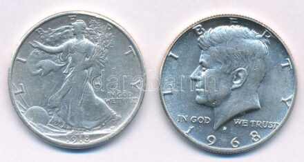 Amerikai Egyesült Államok 1918S 1/2$ Ag 'Walking Liberty' + 1968D 1/2$ Ag 'Kennedy' T:2-,1 USA 1918S 1/2 Dollar Ag 'Walking Liberty' + USA 1968D 1/2 Dollar Ag 'Kennedy' C:VF,UNC